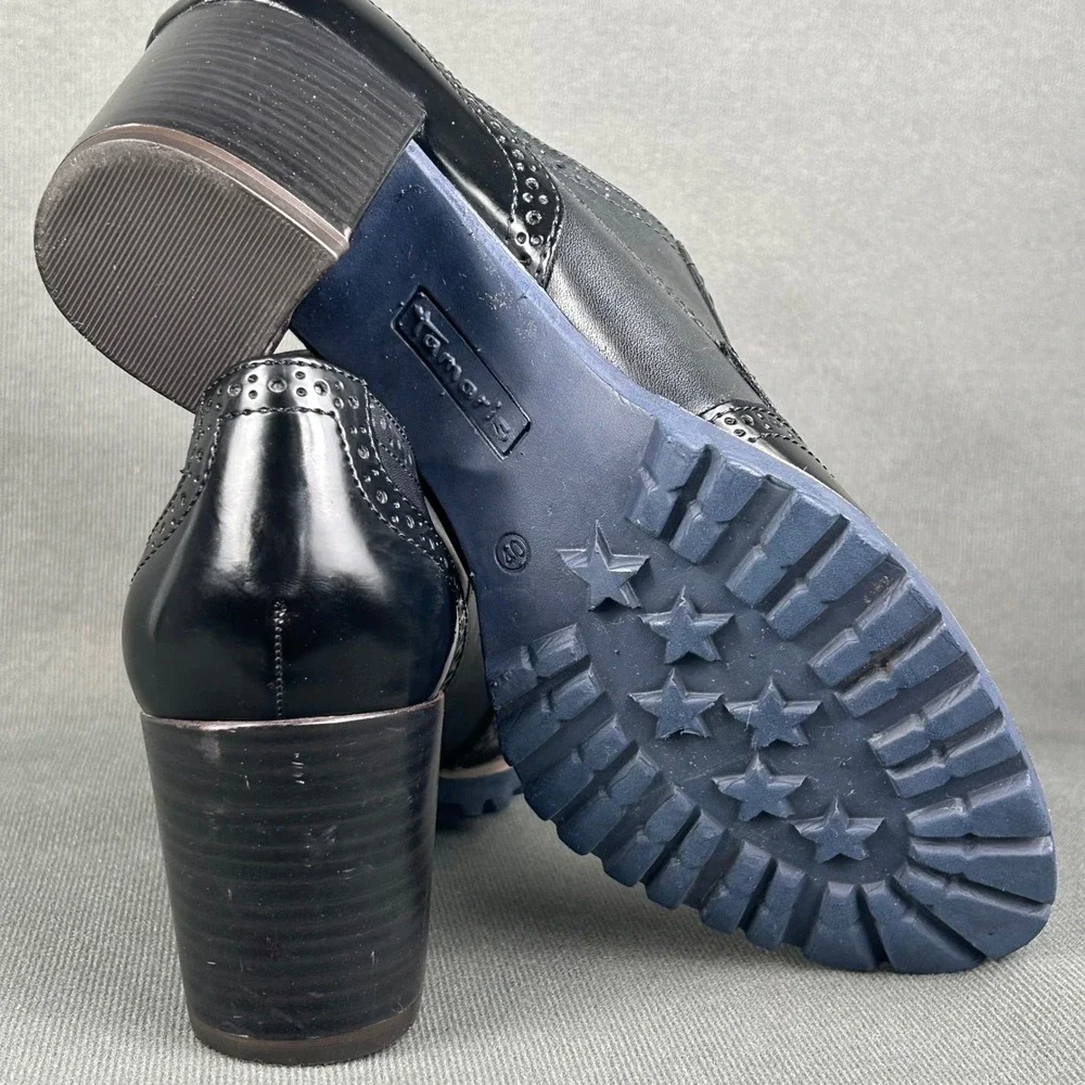 Tamaris Black Leather Wingtip Oxford Block Heels Brogue Lug Sole 1-23302-29-001 - Picture 5 of 7